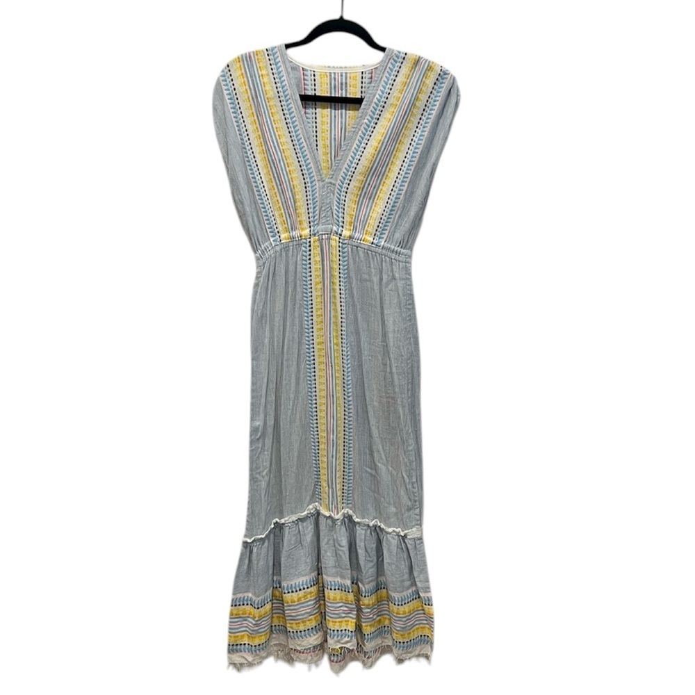 Lemlem  cotton embroidered v neck maxi dress with fringe hem size XS